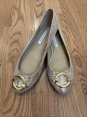 Diane Von Furstenberg Metallic Champagne Flats with Gold Ring Accent